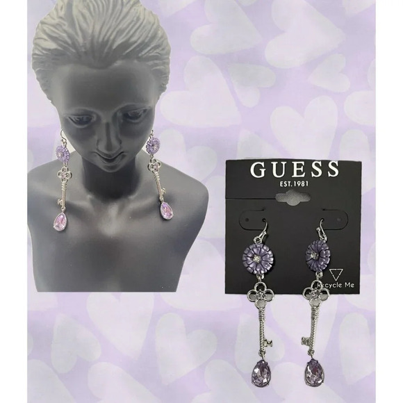 Guess Lilac Flower Silver-Tone Key Crystal Accent Linear Drop Hook Earrings - Picture 1 of 3